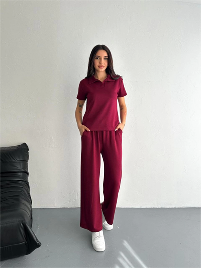 Osy Modal Yumuşak Dokulu Kumaş Kısa Kollu Yakalı T-shirt Pantalon Ikili Takım- Bordo