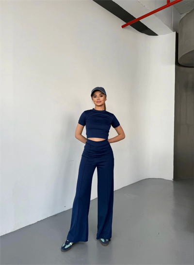 Osy Modal Yumuşak Dokulu Kumaş Kısa Kollu Crop Rahat Pantalon Ikili Takım - Lacivert