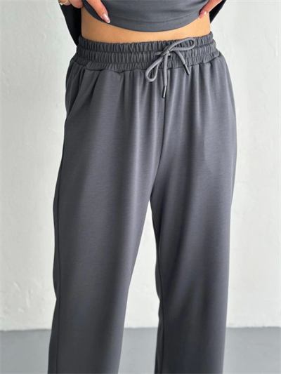 Osy Modal Yumuşak Dokulu Kumaş Kısa Kollu Yakalı T-shirt Pantalon Ikili Takım- Antrasit