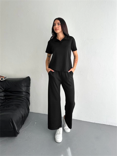 Osy Modal Yumuşak Dokulu Kumaş Kısa Kollu Yakalı T-shirt Pantalon Ikili Takım- Siyah