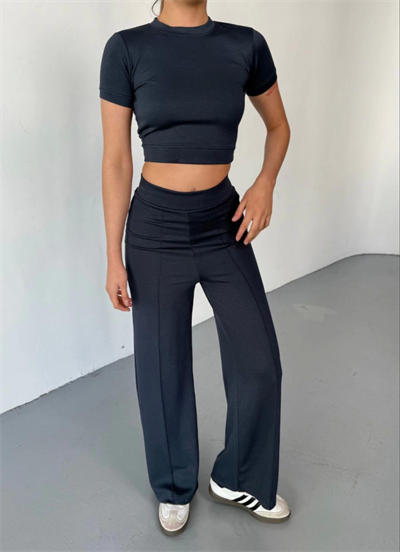 Osy Modal Yumuşak Dokulu Kumaş Kısa Kollu Crop Rahat Pantalon Ikili Takım - Füme