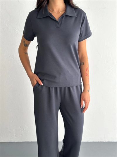 Osy Modal Yumuşak Dokulu Kumaş Kısa Kollu Yakalı T-shirt Pantalon Ikili Takım- Antrasit
