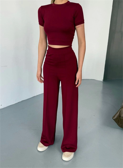 Osy Modal Yumuşak Dokulu Kumaş Kısa Kollu Crop Rahat Pantalon Ikili Takım - Bordo