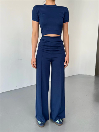 Osy Modal Yumuşak Dokulu Kumaş Kısa Kollu Crop Rahat Pantalon Ikili Takım - Lacivert