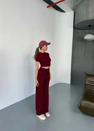 Osy Modal Yumuşak Dokulu Kumaş Kısa Kollu Crop Rahat Pantalon Ikili Takım - Bordo