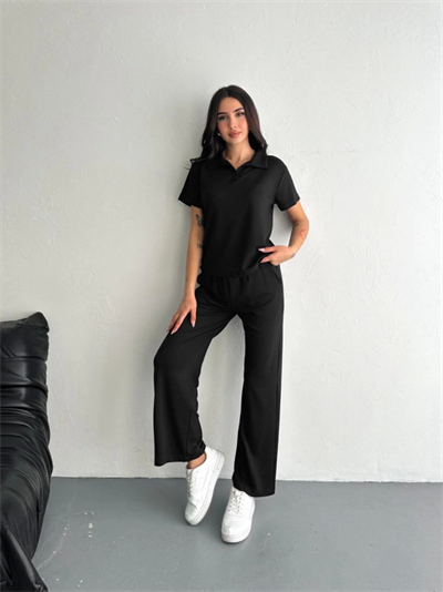 Osy Modal Yumuşak Dokulu Kumaş Kısa Kollu Yakalı T-shirt Pantalon Ikili Takım- Siyah