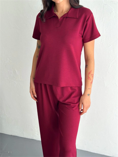 Osy Modal Yumuşak Dokulu Kumaş Kısa Kollu Yakalı T-shirt Pantalon Ikili Takım- Bordo