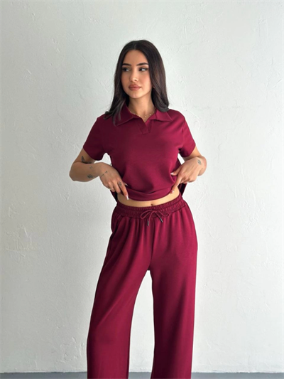 Osy Modal Yumuşak Dokulu Kumaş Kısa Kollu Yakalı T-shirt Pantalon Ikili Takım- Bordo
