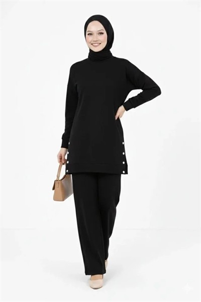 Osy Modal Yumuşak Dokulu Kumaş Modern Tesettür Takım Yandan Metal Çıtçıtlı Uzun Tunik Pantolon Set Salaş Kalıp - Siyah