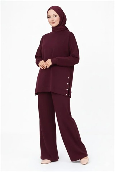 Osy Modal Yumuşak Dokulu Kumaş Modern Tesettür Takım Yandan Metal Çıtçıtlı Uzun Tunik Pantolon Set Salaş Kalıp - Bordo