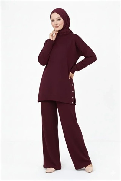 Osy Modal Yumuşak Dokulu Kumaş Modern Tesettür Takım Yandan Metal Çıtçıtlı Uzun Tunik Pantolon Set Salaş Kalıp - Bordo