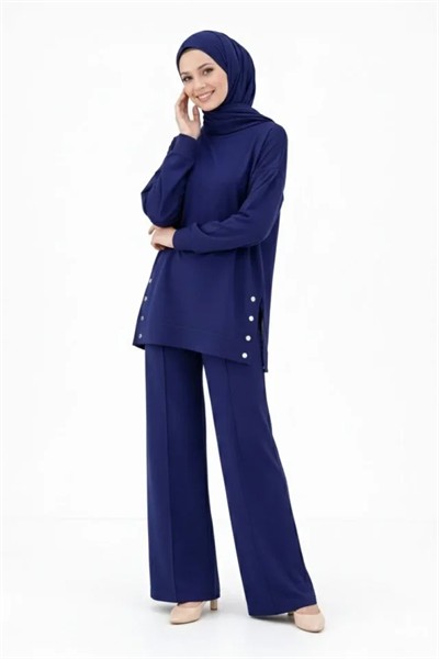 Osy Modal Yumuşak Dokulu Kumaş Modern Tesettür Takım Yandan Metal Çıtçıtlı Uzun Tunik Pantolon Set Salaş Kalıp - Lacivert