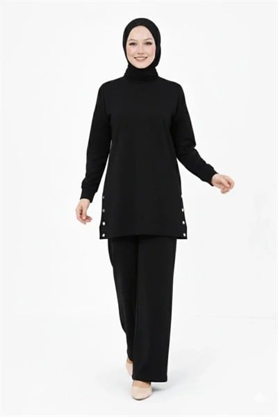 Osy Modal Yumuşak Dokulu Kumaş Modern Tesettür Takım Yandan Metal Çıtçıtlı Uzun Tunik Pantolon Set Salaş Kalıp - Siyah