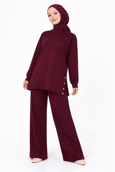 Osy Modal Yumuşak Dokulu Kumaş Modern Tesettür Takım Yandan Metal Çıtçıtlı Uzun Tunik Pantolon Set Salaş Kalıp - Bordo