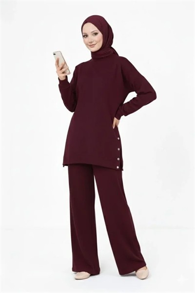Osy Modal Yumuşak Dokulu Kumaş Modern Tesettür Takım Yandan Metal Çıtçıtlı Uzun Tunik Pantolon Set Salaş Kalıp - Bordo
