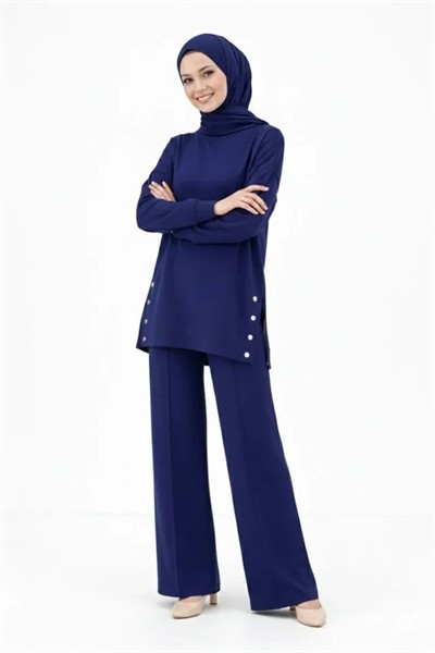 Osy Modal Yumuşak Dokulu Kumaş Modern Tesettür Takım Yandan Metal Çıtçıtlı Uzun Tunik Pantolon Set Salaş Kalıp - Lacivert