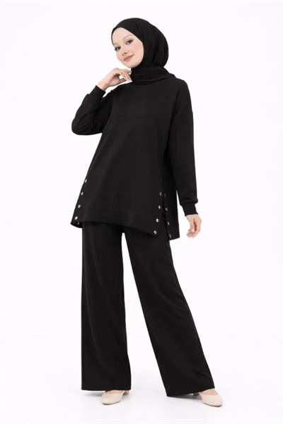 Osy Modal Yumuşak Dokulu Kumaş Modern Tesettür Takım Yandan Metal Çıtçıtlı Uzun Tunik Pantolon Set Salaş Kalıp - Siyah