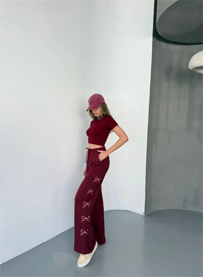 Osy Modal Yumuşak Dokulu Kumaş Nakış Işlemeli Rahat Bol Paça Eşofman Pantalon - Bordo