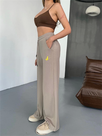 Osy Modal Yumuşak Dokulu Kumaş Nakış Işlemeli Rahat Bol Paça Eşofman Pantalon - Bej