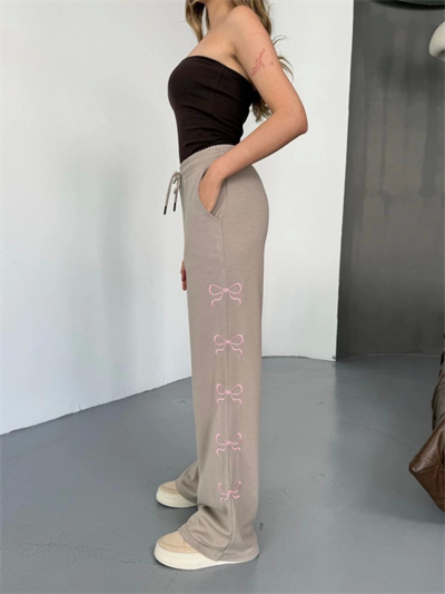 Osy Modal Yumuşak Dokulu Kumaş Nakış Işlemeli Rahat Bol Paça Eşofman Pantalon - Bej