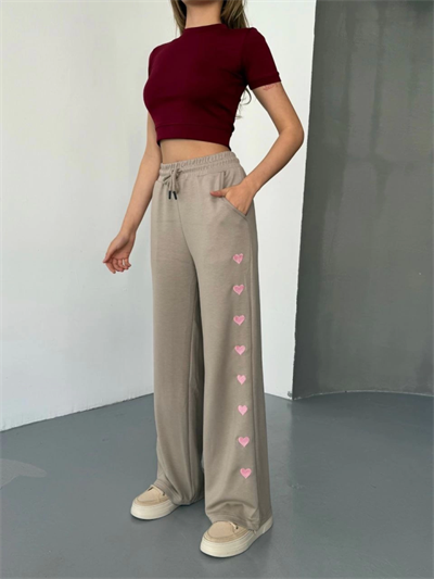 Osy Modal Yumuşak Dokulu Kumaş Nakış Işlemeli Rahat Bol Paça Eşofman Pantalon - Bej