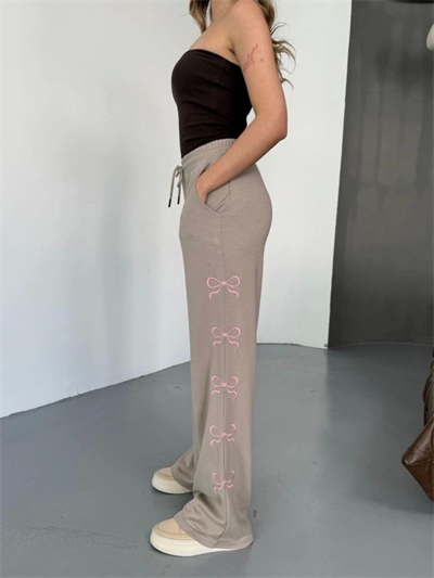 Osy Modal Yumuşak Dokulu Kumaş Nakış Işlemeli Rahat Bol Paça Eşofman Pantalon - Bej