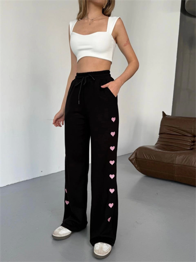 Osy Modal Yumuşak Dokulu Kumaş Nakış Işlemeli Rahat Bol Paça Eşofman Pantalon - Siyah