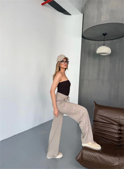 Osy Modal Yumuşak Dokulu Kumaş Nakış Işlemeli Rahat Bol Paça Eşofman Pantalon - Bej