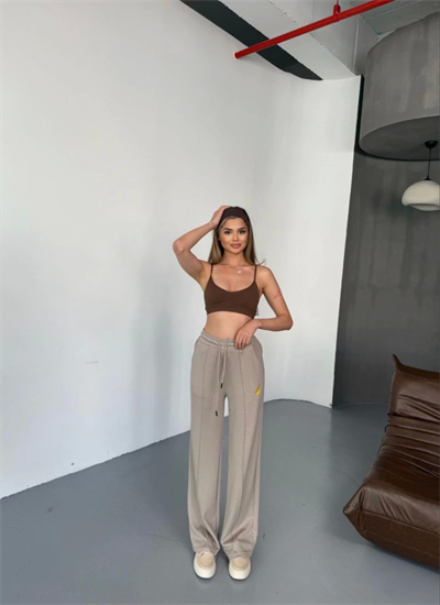 Osy Modal Yumuşak Dokulu Kumaş Nakış Işlemeli Rahat Bol Paça Eşofman Pantalon - Bej