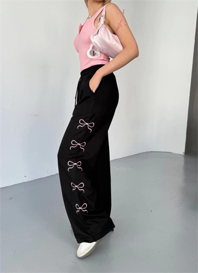 Osy Modal Yumuşak Dokulu Kumaş Nakış Işlemeli Rahat Bol Paça Eşofman Pantalon - Siyah