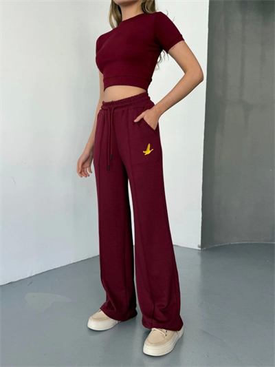 Osy Modal Yumuşak Dokulu Kumaş Nakış Işlemeli Rahat Bol Paça Eşofman Pantalon - Bordo
