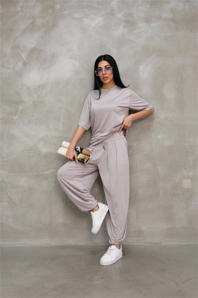 Osy Modal Yumuşak Dokulu Kumaş Oversize Bisiklet Yaka T-shirt Jogger Eşofman Altı Eşofman Takımı - Gri