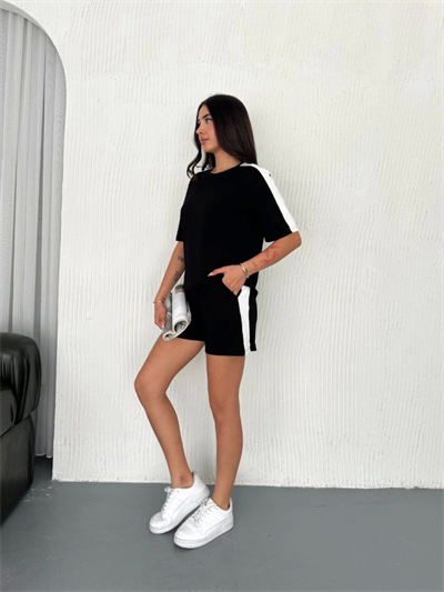 Osy Modal Yumuşak Dokulu Kumaş Parçalı Bisiklet Yaka T-shirt Kısa Şort İkili Takım - Siyah