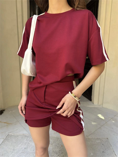 Osy Modal Yumuşak Dokulu Kumaş Parçalı Bisiklet Yaka T-shirt Mini Şortlu Etek İkili Takım -Bordo