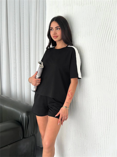 Osy Modal Yumuşak Dokulu Kumaş Parçalı Bisiklet Yaka T-shirt Kısa Şort İkili Takım - Siyah