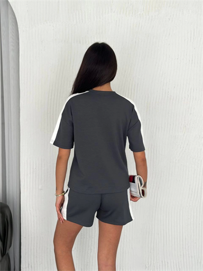 Osy Modal Yumuşak Dokulu Kumaş Parçalı Bisiklet Yaka T-shirt Kısa Şort İkili Takım - Antrasit