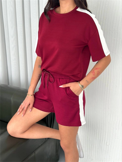 Osy Modal Yumuşak Dokulu Kumaş Parçalı Bisiklet Yaka T-shirt Kısa Şort İkili Takım -  Bordo
