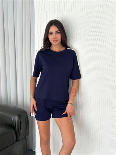 Osy Modal Yumuşak Dokulu Kumaş Parçalı Bisiklet Yaka T-shirt Kısa Şort İkili Takım - Mavi