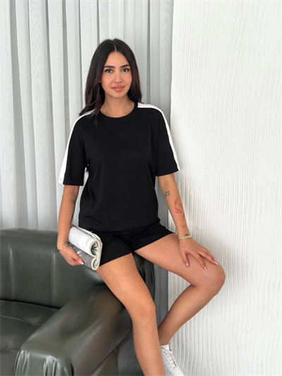 Osy Modal Yumuşak Dokulu Kumaş Parçalı Bisiklet Yaka T-shirt Kısa Şort İkili Takım - Siyah