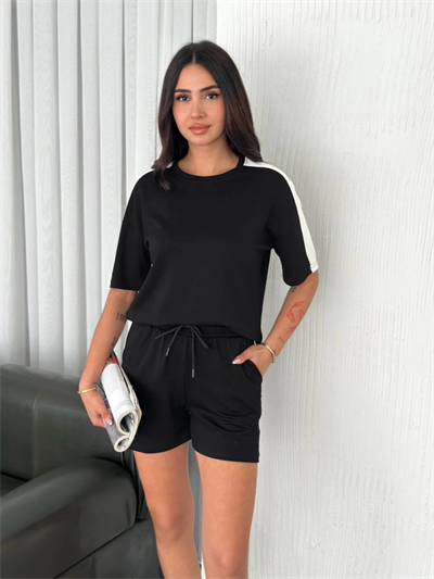 Osy Modal Yumuşak Dokulu Kumaş Parçalı Bisiklet Yaka T-shirt Kısa Şort İkili Takım - Siyah