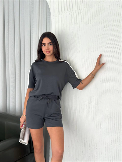 Osy Modal Yumuşak Dokulu Kumaş Parçalı Bisiklet Yaka T-shirt Kısa Şort İkili Takım - Antrasit