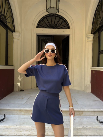 Osy Modal Yumuşak Dokulu Kumaş Parçalı Bisiklet Yaka T-shirt Mini Şortlu Etek İkili Takım -Lacivert