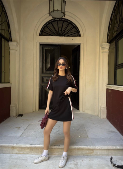 Osy Modal Yumuşak Dokulu Kumaş Parçalı Bisiklet Yaka T-shirt Mini Şortlu Etek İkili Takım - Siyah