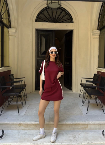 Osy Modal Yumuşak Dokulu Kumaş Parçalı Bisiklet Yaka T-shirt Mini Şortlu Etek İkili Takım -Bordo