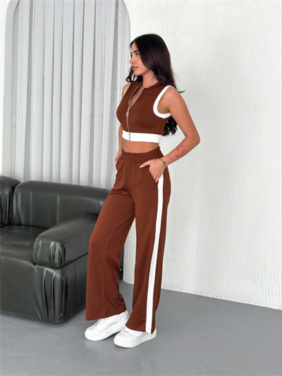 Osy Modal Yumuşak Dokulu Kumaş Tam Fermuarlı Crop Pantalon İkili Takım - Kahverengi