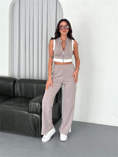 Osy Modal Yumuşak Dokulu Kumaş Tam Fermuarlı Crop Pantalon İkili Takım - Gri