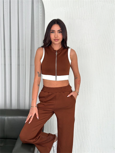 Osy Modal Yumuşak Dokulu Kumaş Tam Fermuarlı Crop Pantalon İkili Takım - Kahverengi