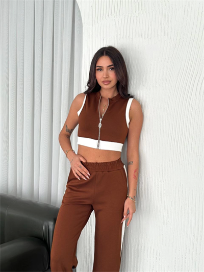Osy Modal Yumuşak Dokulu Kumaş Tam Fermuarlı Crop Pantalon İkili Takım - Kahverengi