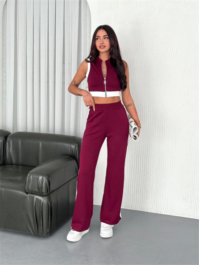 Osy Modal Yumuşak Dokulu Kumaş Tam Fermuarlı Crop Pantalon İkili Takım - Bordo