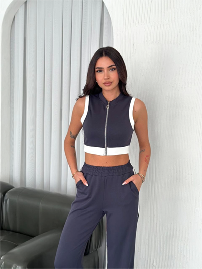 Osy Modal Yumuşak Dokulu Kumaş Tam Fermuarlı Crop Pantalon İkili Takım - Antrasit